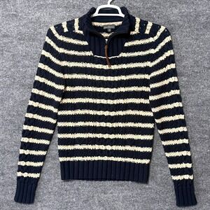 LL Bean Signature Navy Cream Striped Cotton Cable Knit Quarter Zip Sweater Small